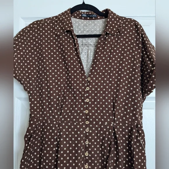 Zara Brown White Button Down Linen Blend Polka Dot Dress Size L Missing Belt - Picture 8 of 11